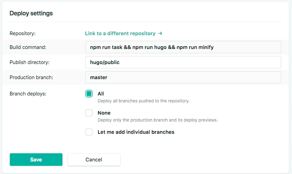 NetlifyのDeploy settingsのスクリーンショット