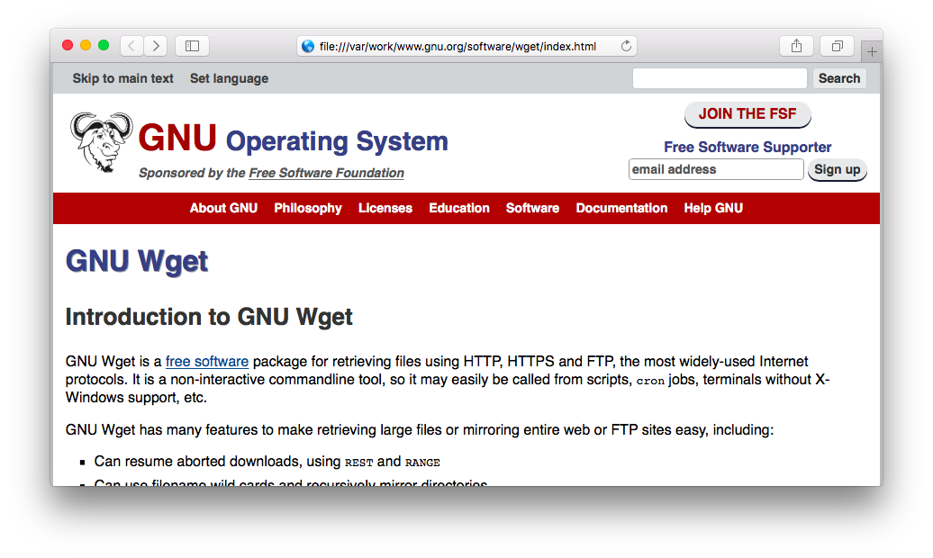 PCにダウンロードされたGNU Operating Systemのウェブサイト