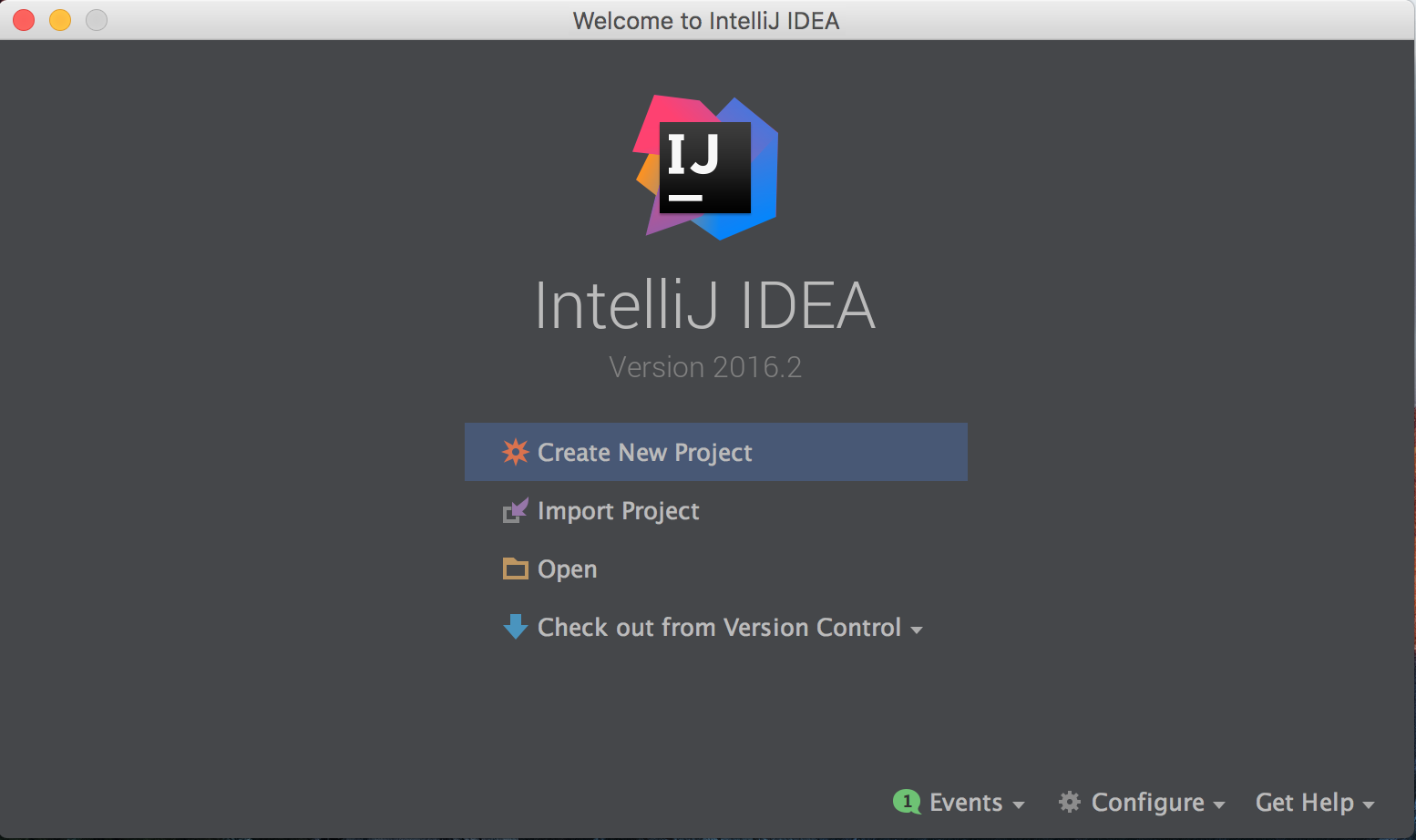 IntelliJ起動後の画面