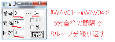 #WAV01～#WAV04を16分音符の間隔で8ループ分繰り返す