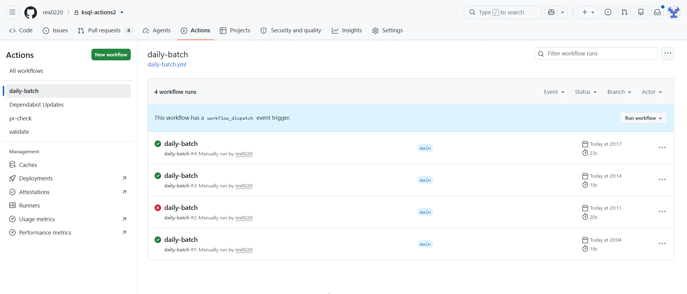 GitHub Actions の daily-batch 実行履歴