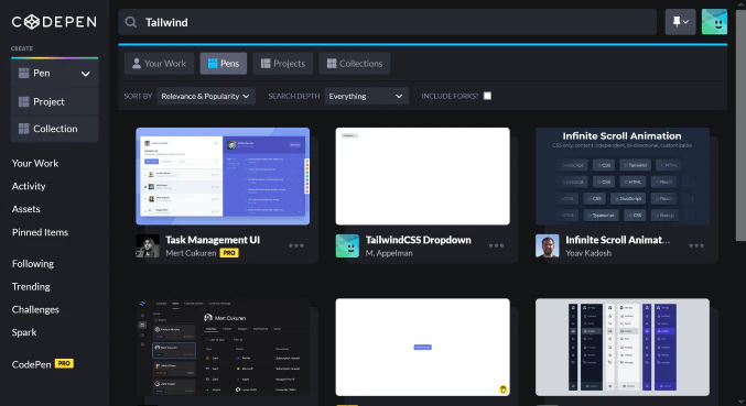 CodePen で「Tailwind」と検索する
