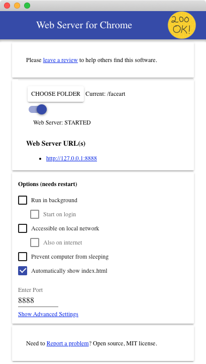 Web Server for Chromeの画面