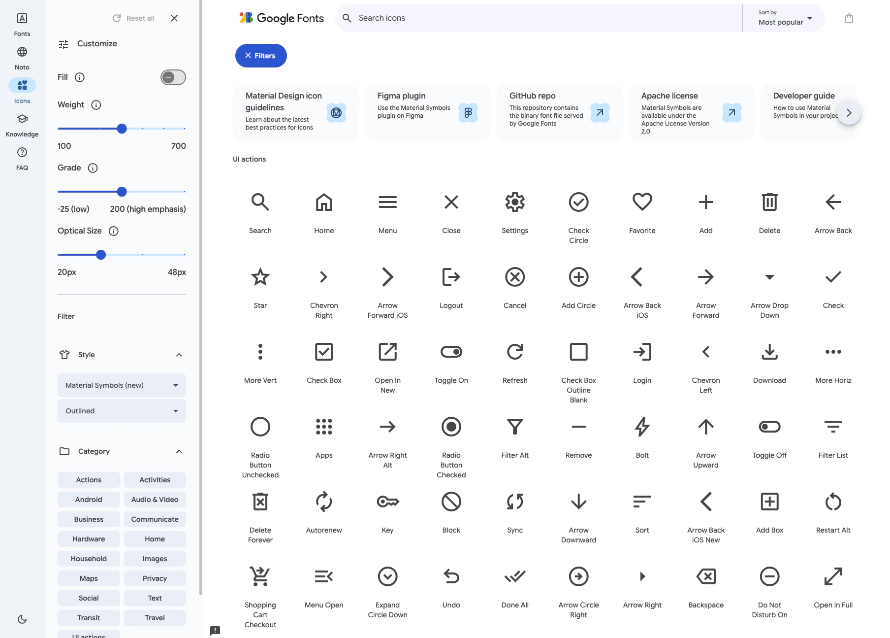 Google Material Iconsのトップページ