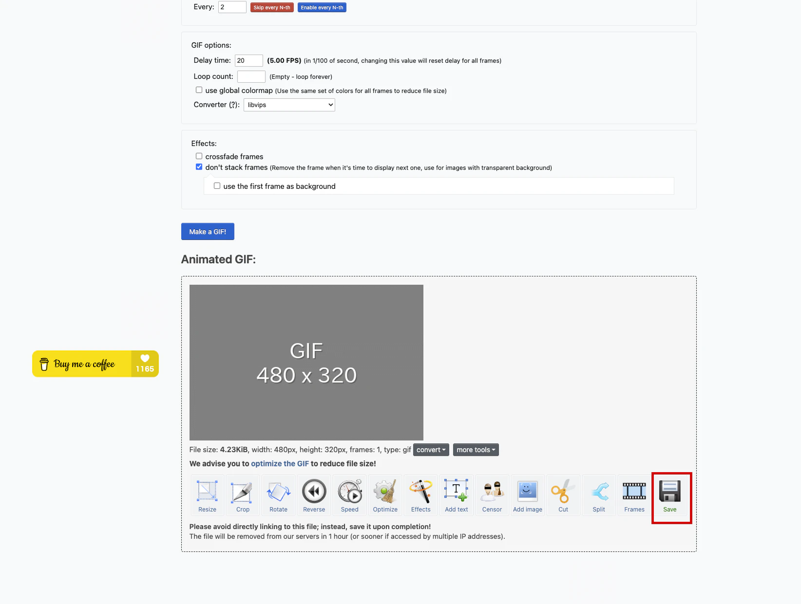 「Ezgif」のサイト。「Save」ボタンをクリックして保存.png