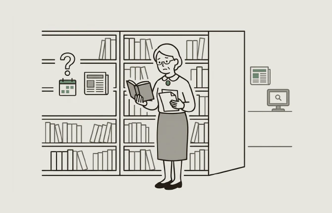 書庫の中で手元の本と記憶だけを頼りに答える図書館員