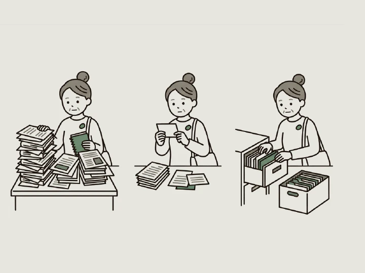 増えすぎた取材メモを整理し、資料庫へ保管する記者