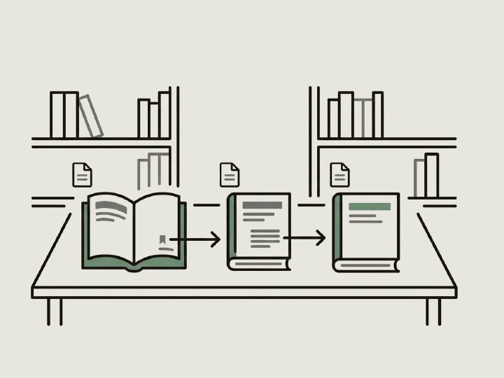 本の脚注から別の本へ、さらに元資料へたどる様子