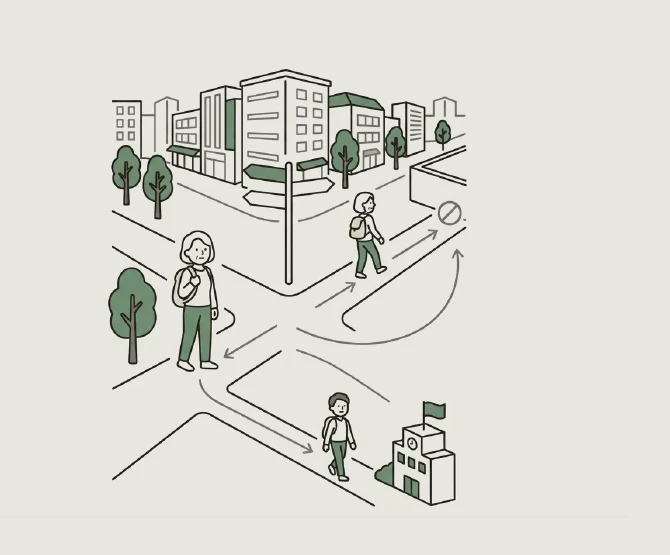 行き止まりから戻り、別の道を選びながら目的地へ向かう旅行者
