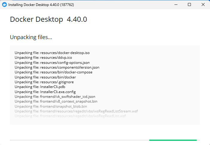 Docker Desktop for Windowsのインストール進行画面