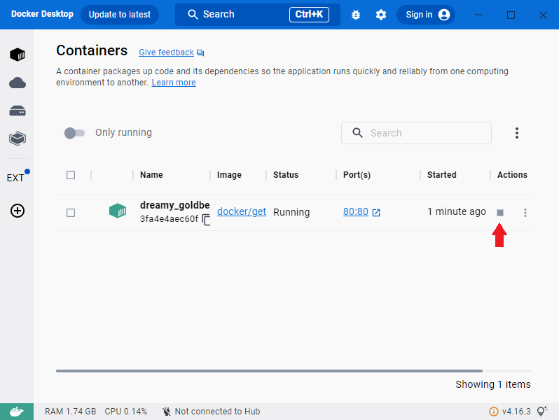 Docker Desktopからコンテナーを停止