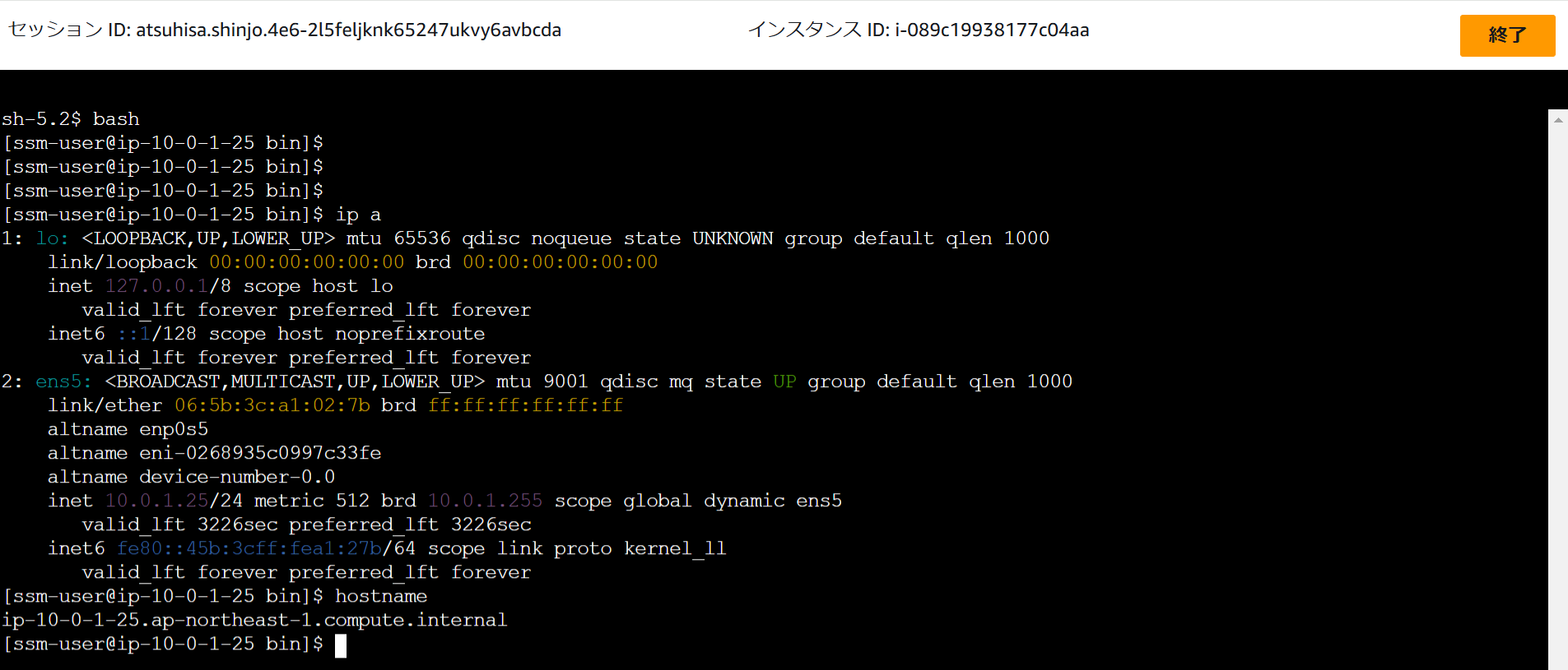 Single VPC構成のセッションマネージャー画面