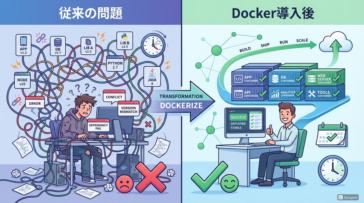 従来の問題とDocker導入後の比較