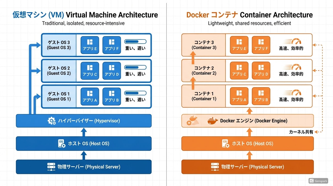 仮想マシン(VM)とDockerの構造比較