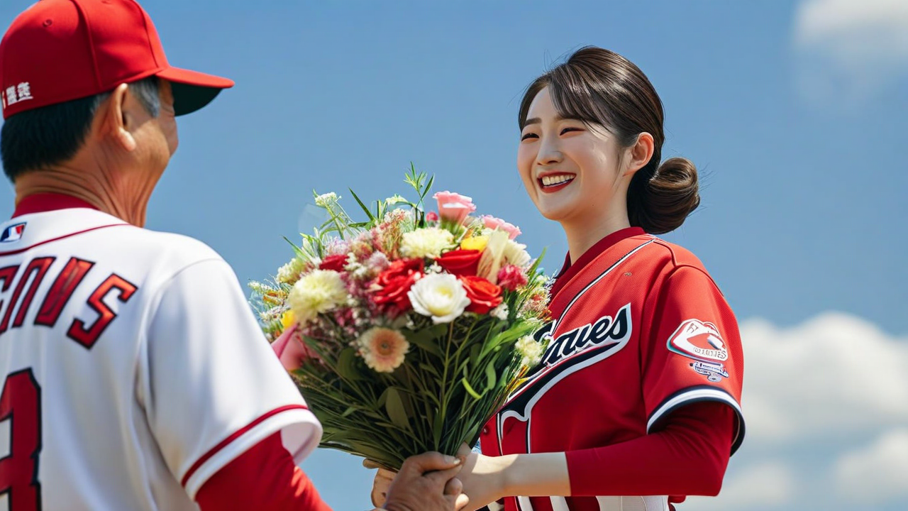 A portrait of a Japanese woman in a warm and celebratory atmosphere, presenting a large bouquet of flowers to the manager of the Hiroshima Carp baseball team, who is shown from behind wearing the team’s uni.png