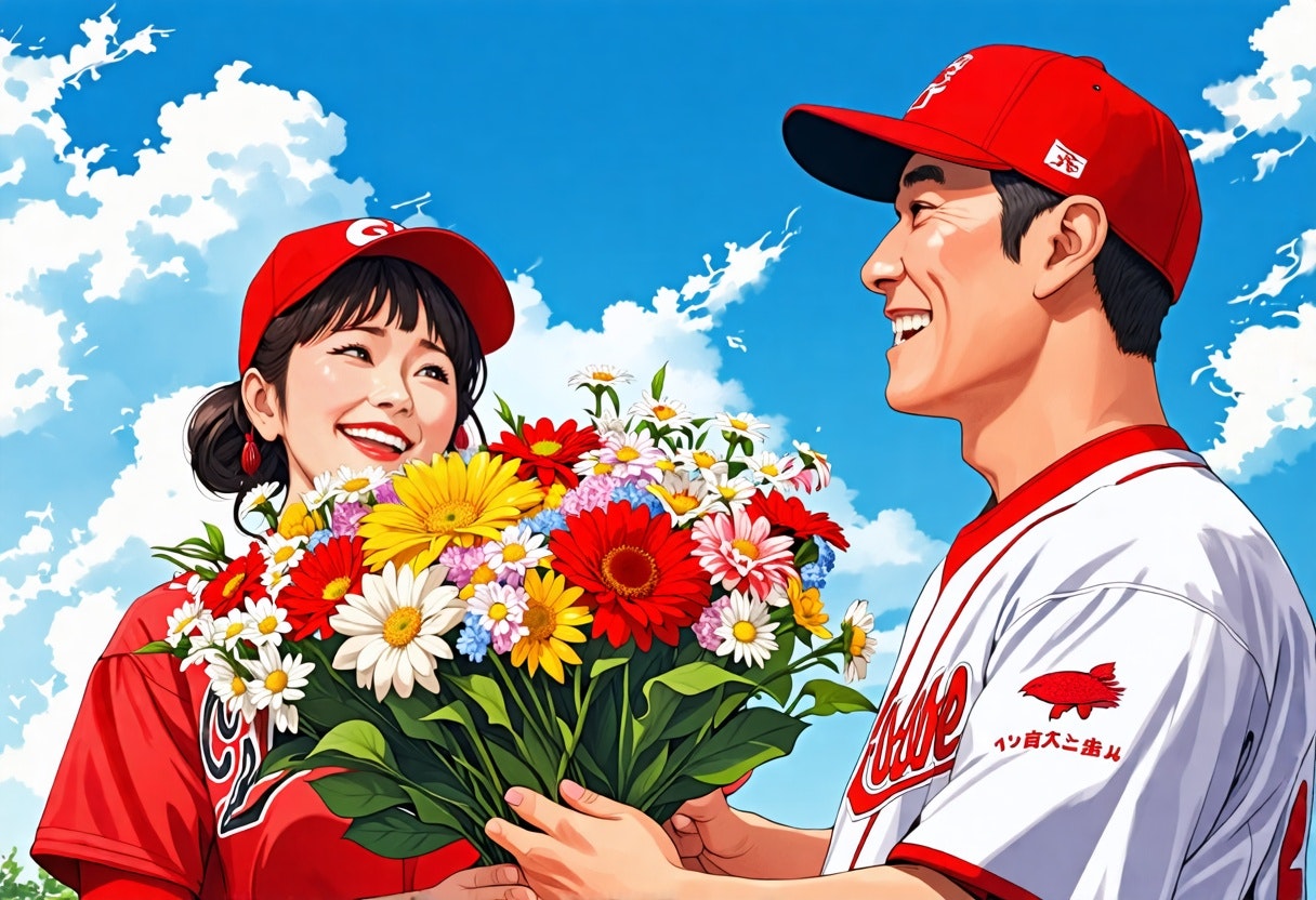 A portrait of a Japanese woman in a warm and celebratory atmosphere, presenting a large bouquet of flowers to the manager of the Hiroshima Carp baseball team, who is shown from behind wearing the team's un.jpeg