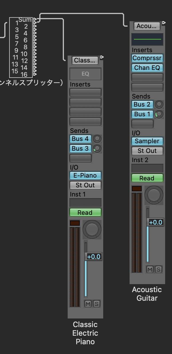 チャンネルスプリッターと楽器をつなぐ