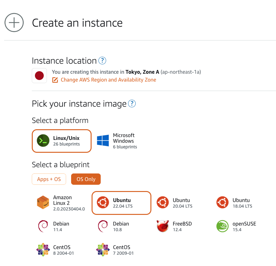 Ubuntu22.04を選択しているインスタンス起動画面