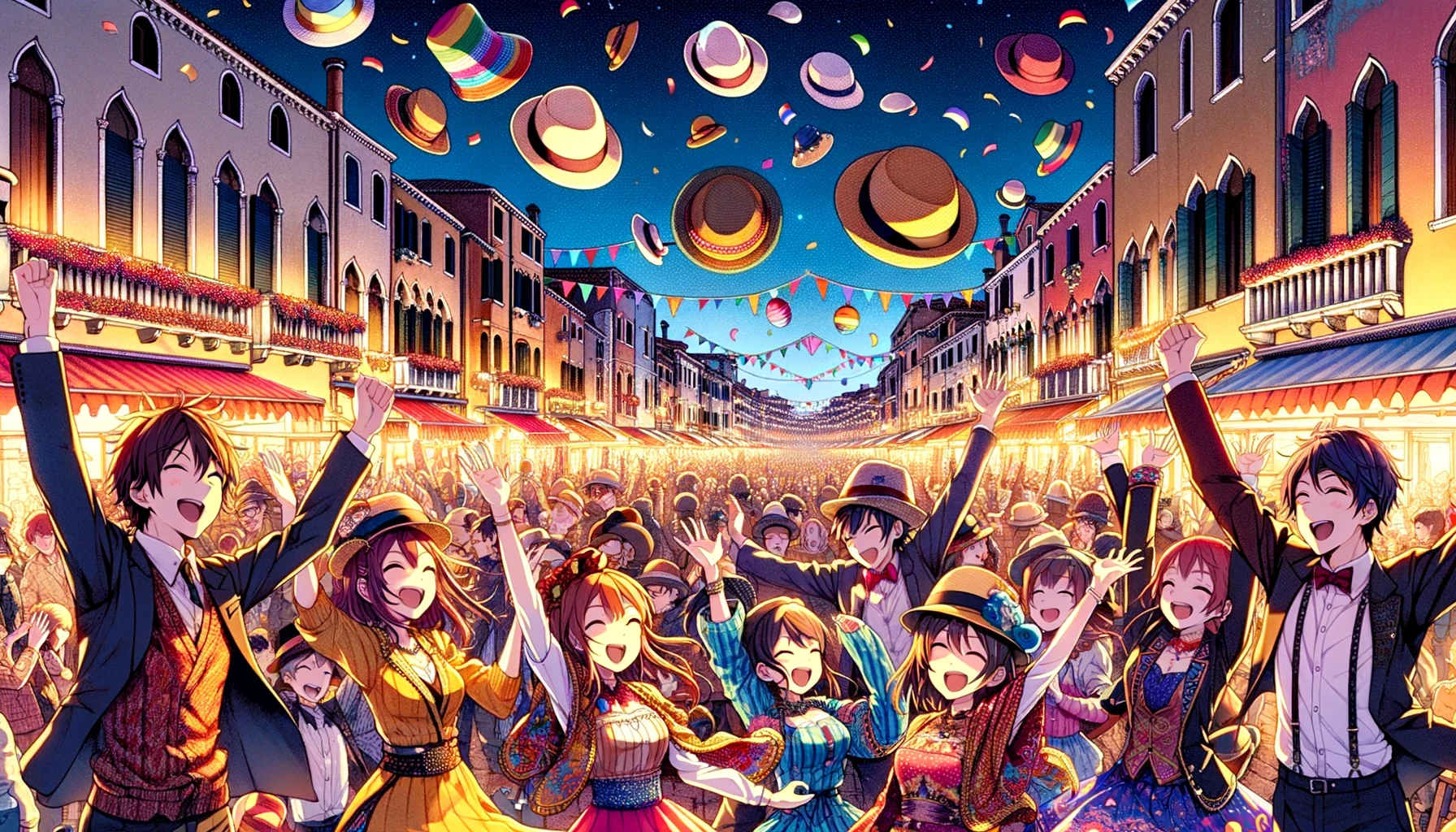 DALL·E 2023-12-13 23.24.22 - A lively scene at a festival in a Venetian town, depicted in a Japanese anime style. It's midnight, and the streets are brilliantly illuminated with c.png