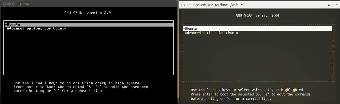 GRUB menu in both VGA console and serial terminal GRUB menu in both VGA console and serial terminal