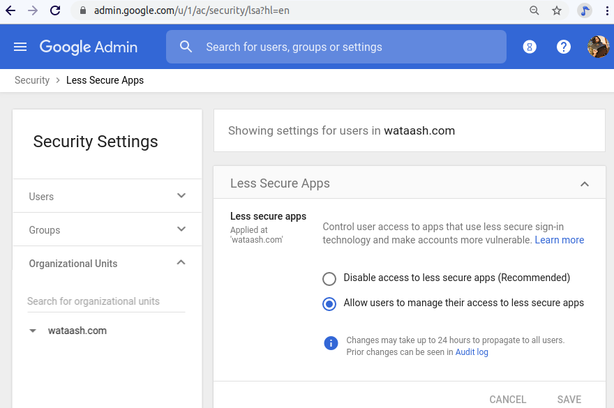 (G Suite) Allow users to manage their access to less secure apps