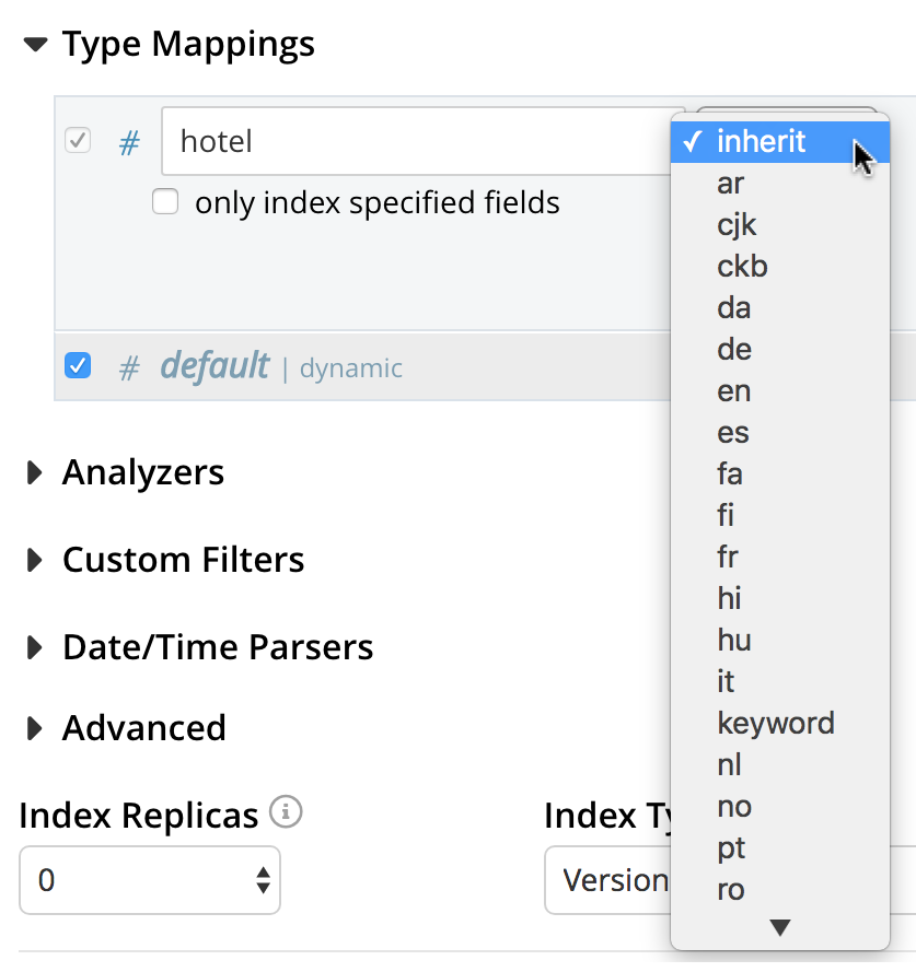 ftsタイプマッピングUIアナライザーメニュー