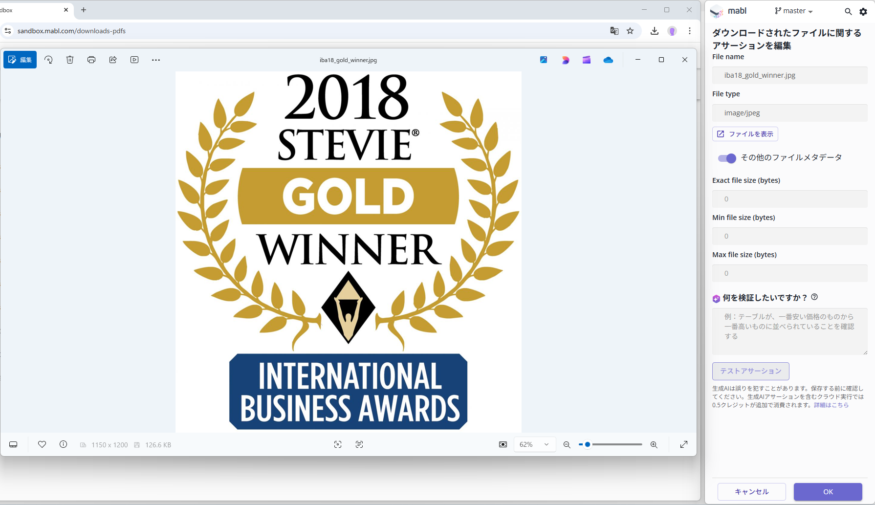 ダウンロードされたファイルに関するアサーションを編集