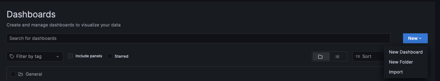 Home > Dashboardsを開いて、Newアイコン > Importをクリック