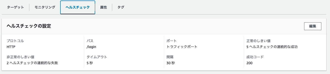 ターゲットグループのヘルスチェック設定