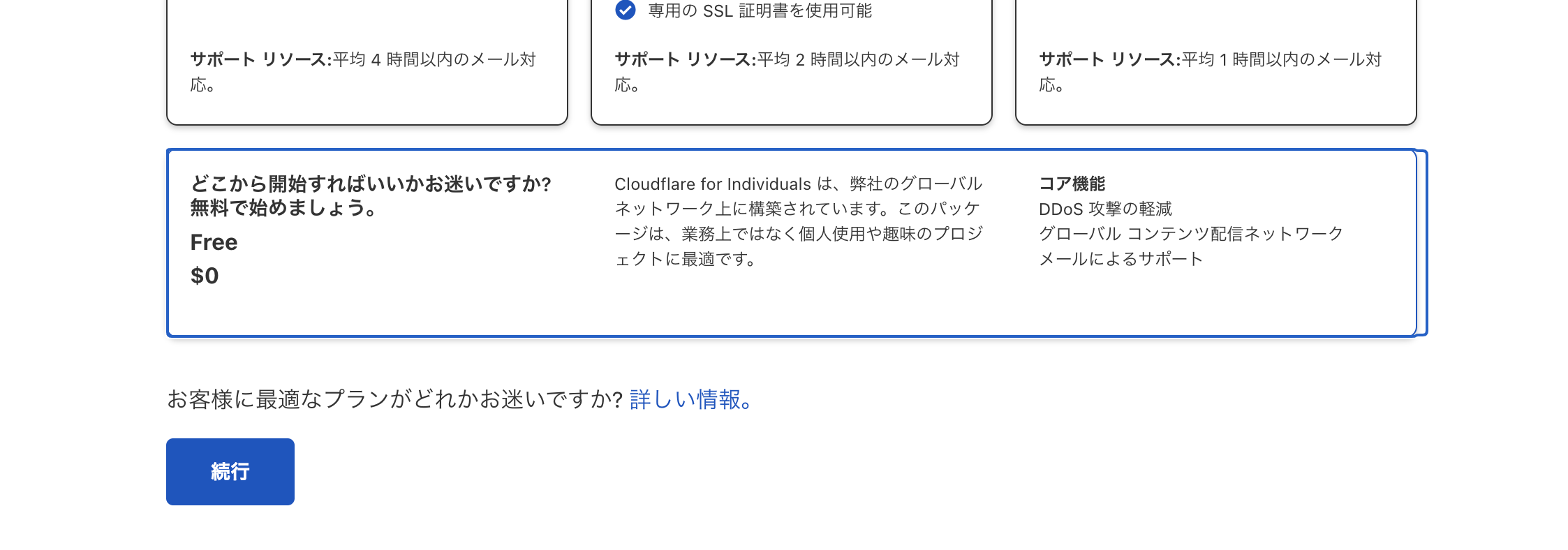 Cloudflareの無料プランを選択