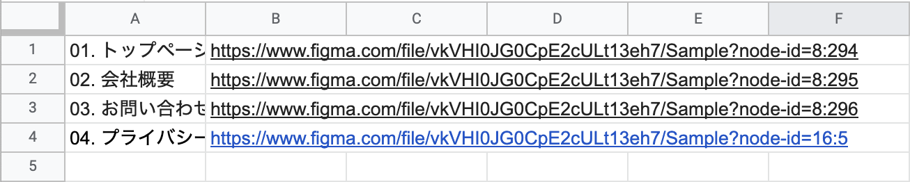 Frameの名前とURLを行列で貼り付けた画面のキャプチャ