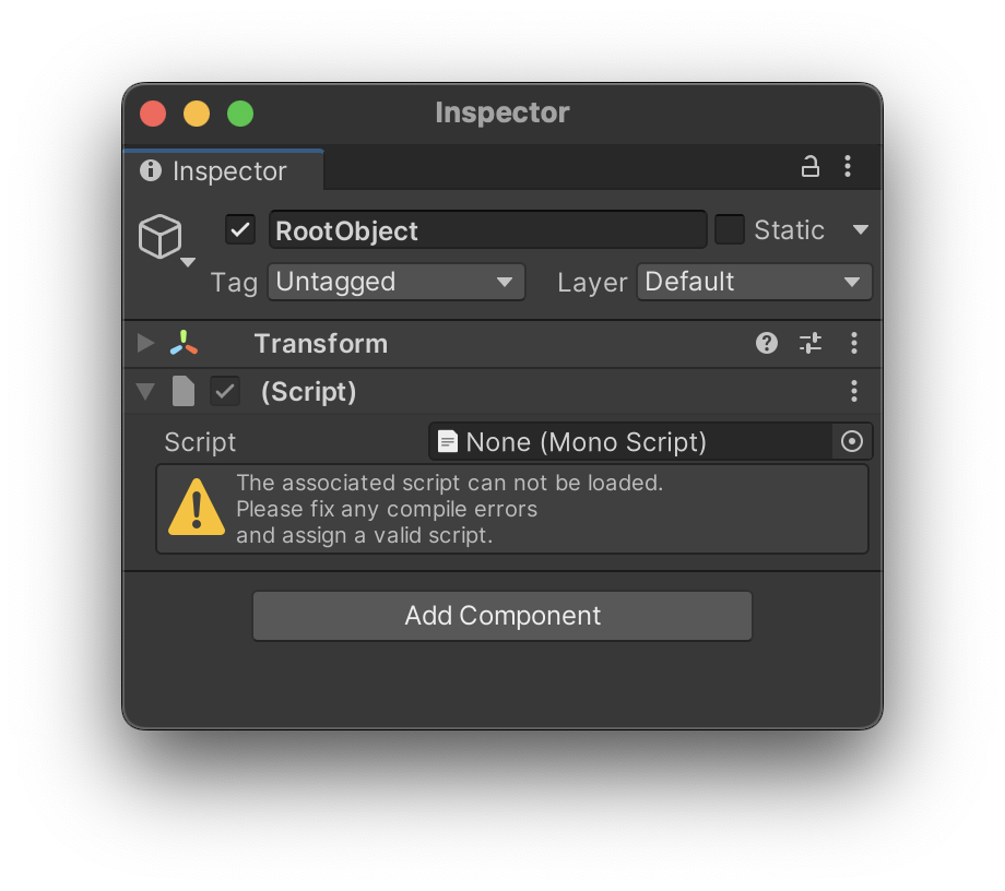 Inspectorに表示されたMissing Scriptの例