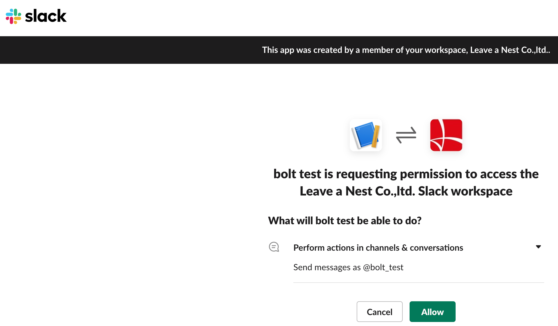 bolt_test_is_requesting_permission_to_access_the_Leave_a_Nest_Co__ltd__Slack_workspace___Leave_a_Nest_Co__ltd__Slack.png