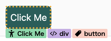 「Click Me」ボタンの下に、「Click ME」「div」「button」が表示されている
