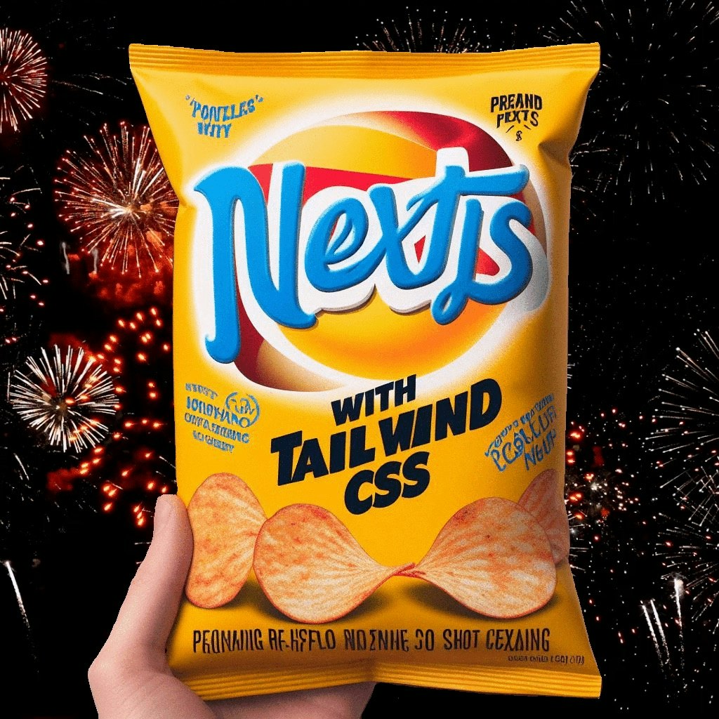 A bag of potato chips with 'Next.js with Tailwind CSS' written in pop fonts.jpeg