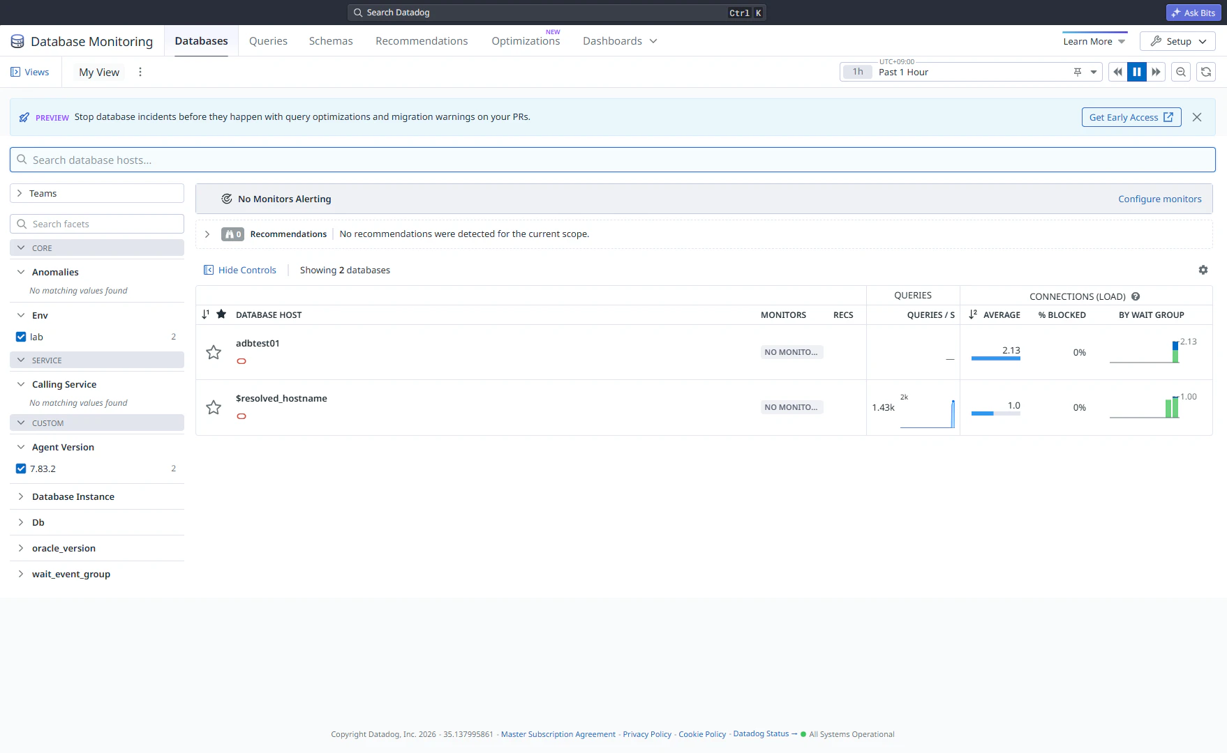 図 4: reported_hostname を設定後。adbtest01 の行が追加され、旧行も時間範囲内は残る