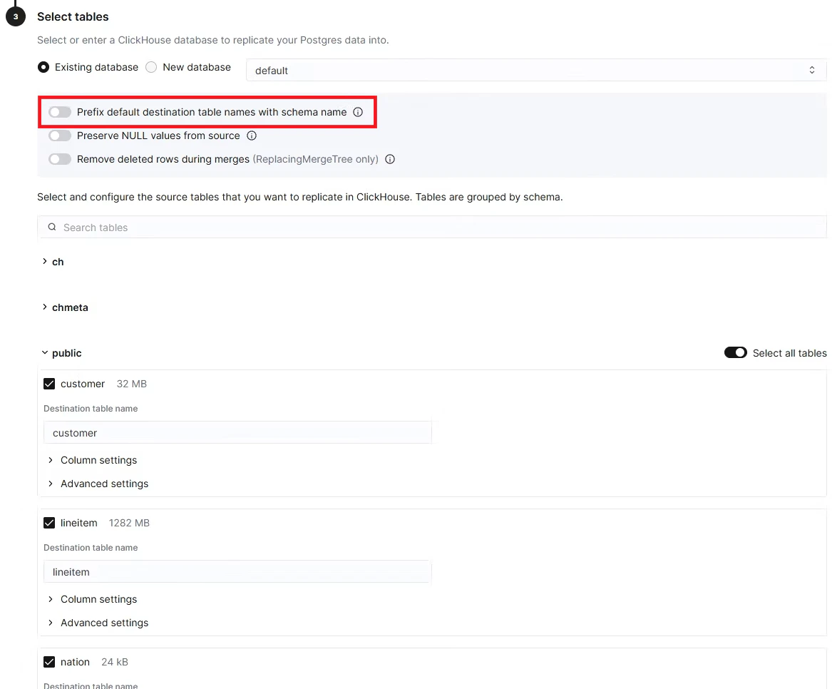 ClickPipes のテーブル選択画面。Prefix のトグルが無効で、Destination table name が lineitem のまま