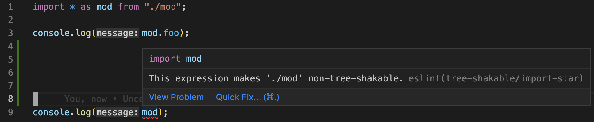 eslint-plugin-tree-shakableが動作している様子。 mod.foo に対しては警告しないが mod 単体の使用に対しては警告される。
