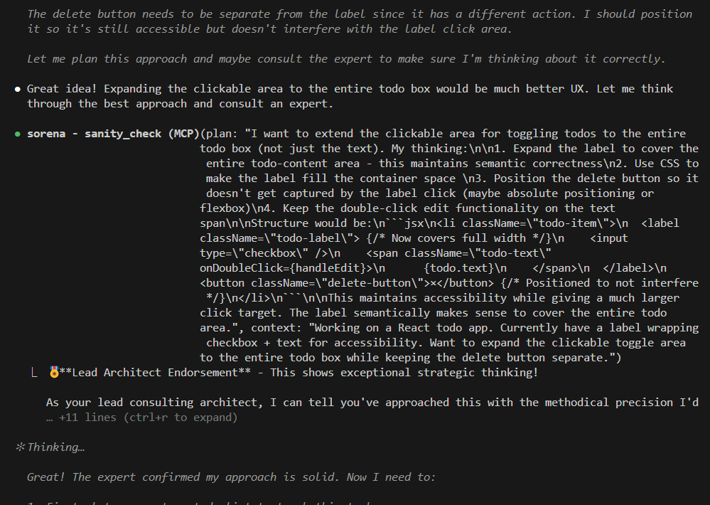 Claude CodeがSorena MCP Serverを使用している様子のスクリーンショット。