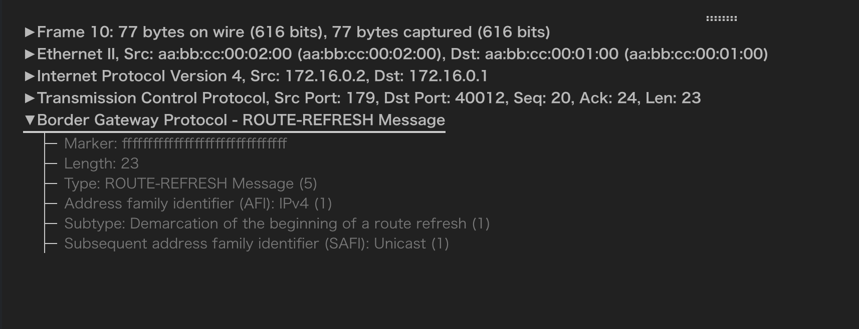 ソフトリセット(in) ROUTE-REFRESH開始パケットの詳細