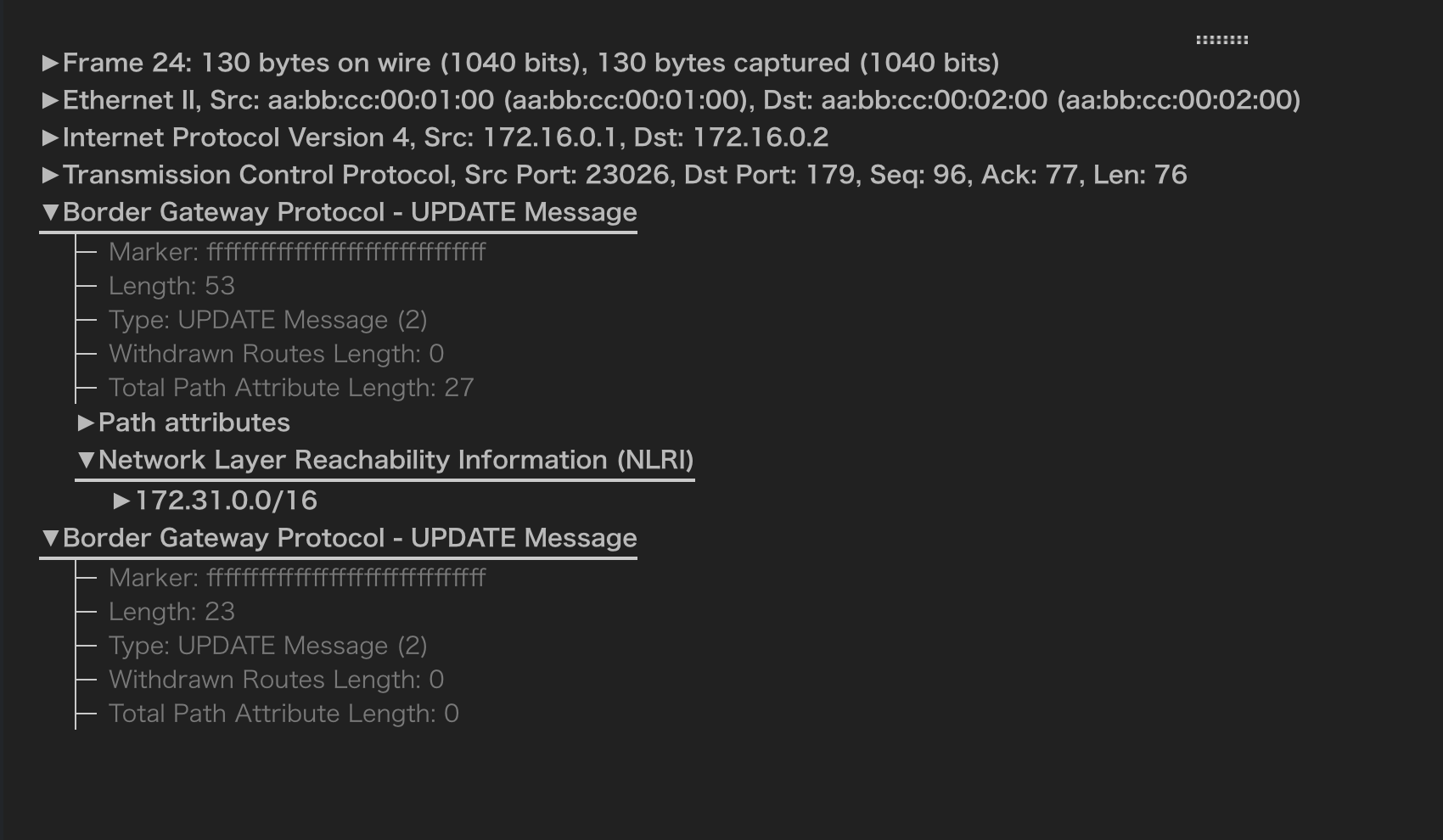 ハードリセット UPDATE Message(router-1→router-2)
