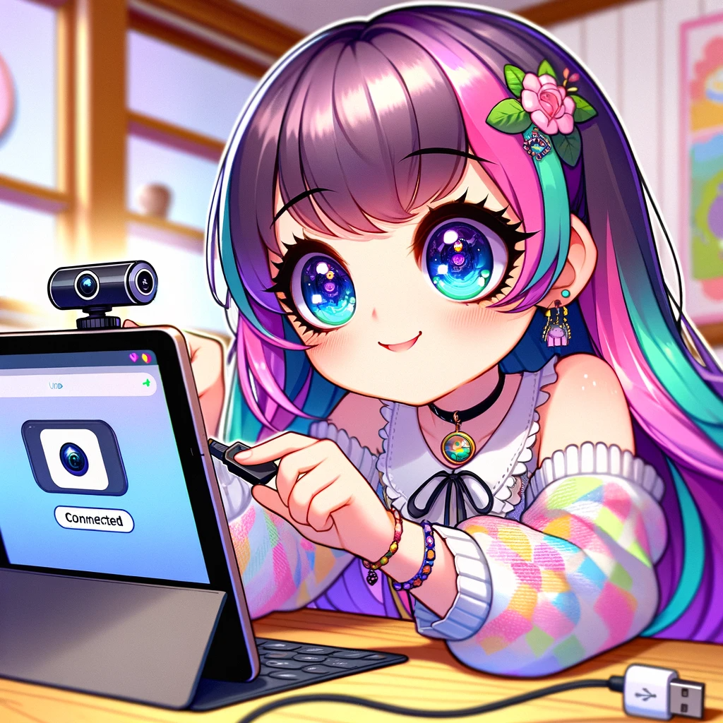 DALL·E 2024-01-13 08.05.17 - A cute anime-style girl connecting a USB webcam to an iPad. The girl has large, expressive anime eyes and a playful, animated expression. She is smili.png