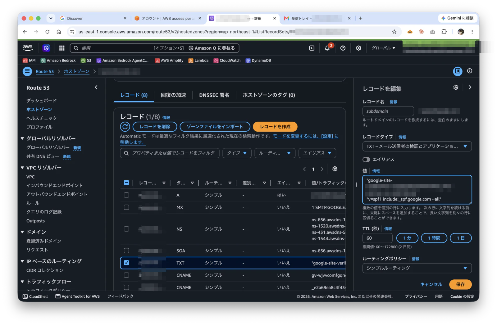 Route 53のレコード一覧。1つのTXTに所有権確認とSPFが共存している