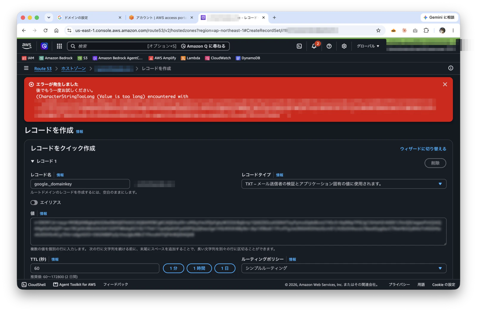 Route 53でCharacterStringTooLongエラーが発生した画面
