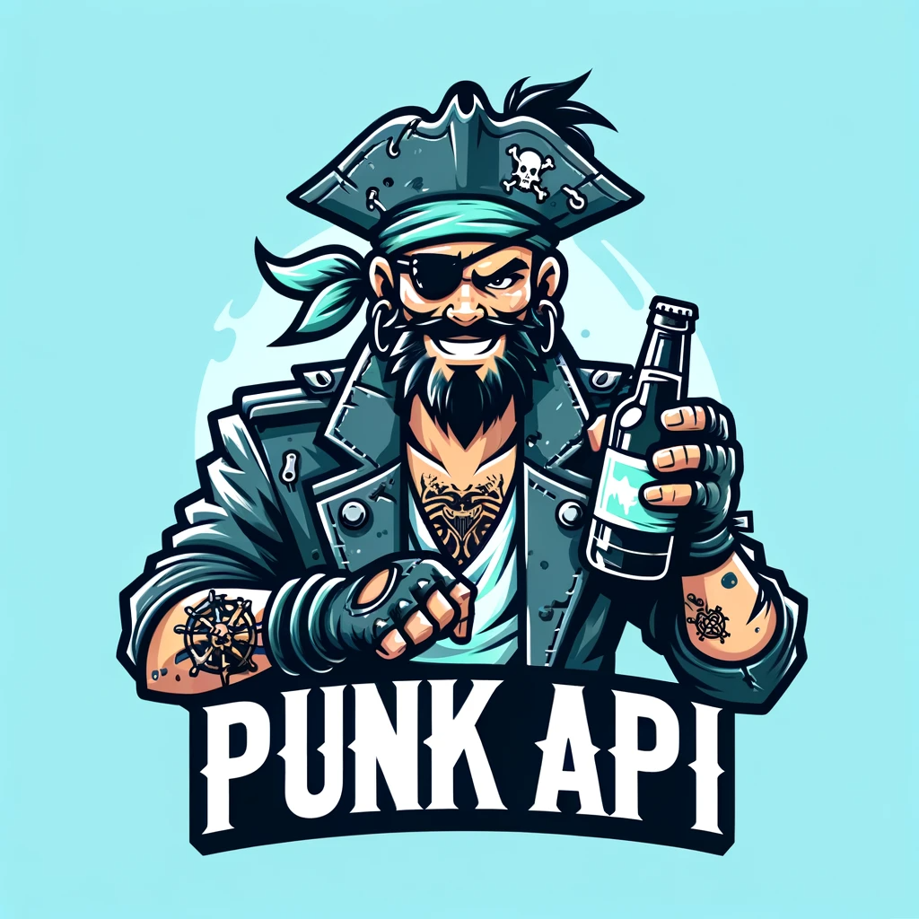 DALL·E 2023-12-02 10.51.24 - Create a logo for 'Punk API' featuring a stylized, edgy pirate character. The pirate should have a rugged look, with a bandana, an eye patch, and a sc.png