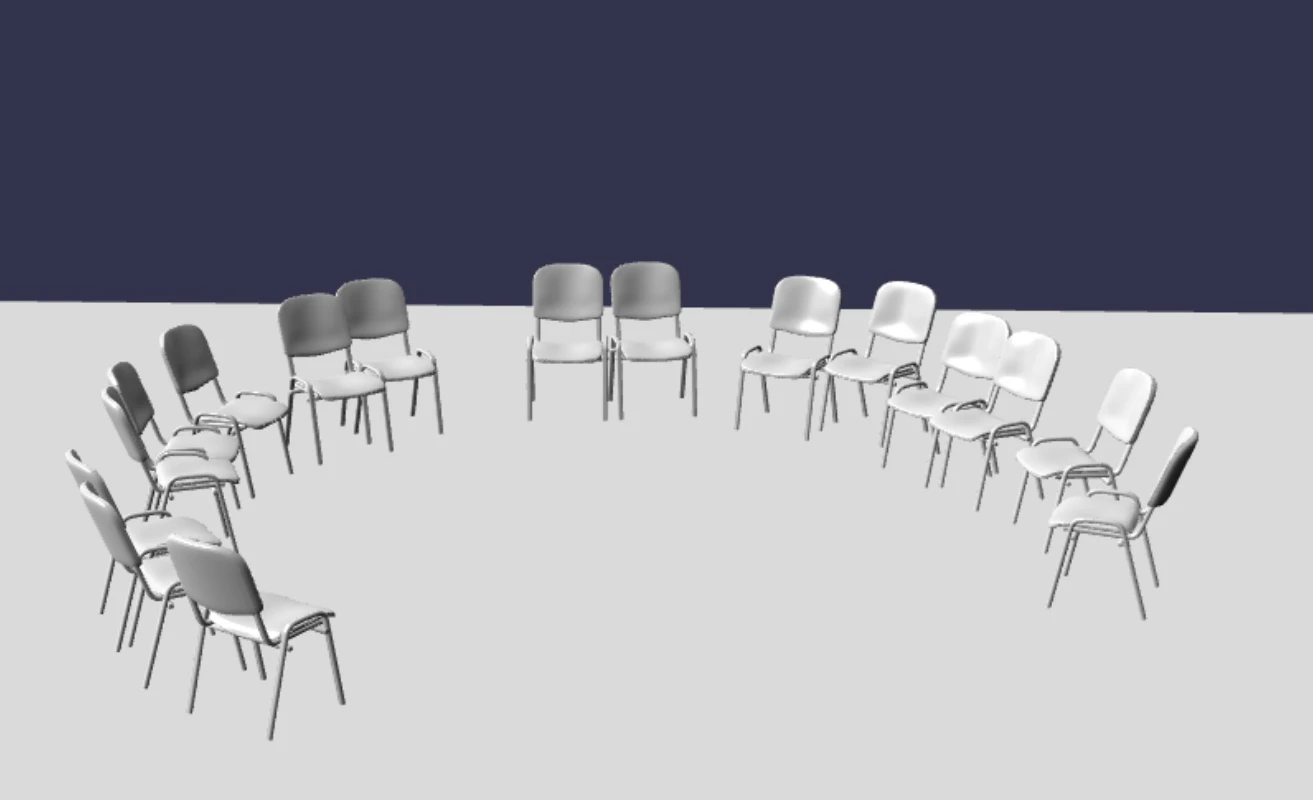 Radial Clonerの使用例(放射状に椅子が配置されたシーン) Radial Clonerの使用例(放射状に椅子が配置されたシーン)