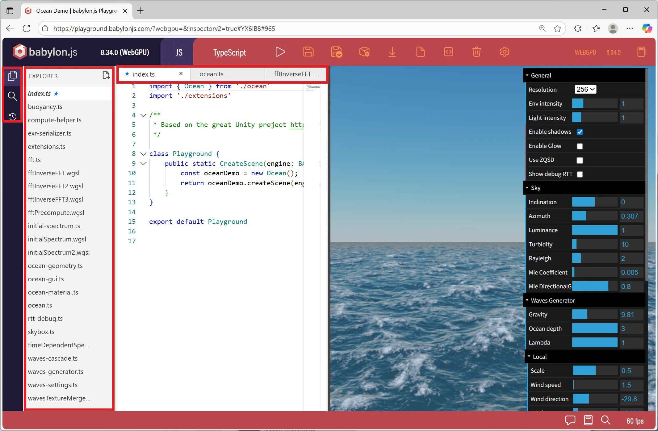 Babylon.js Playground v2の例(赤枠が主な変更点) Babylon.js Playground v2の例(赤枠が主な変更点)