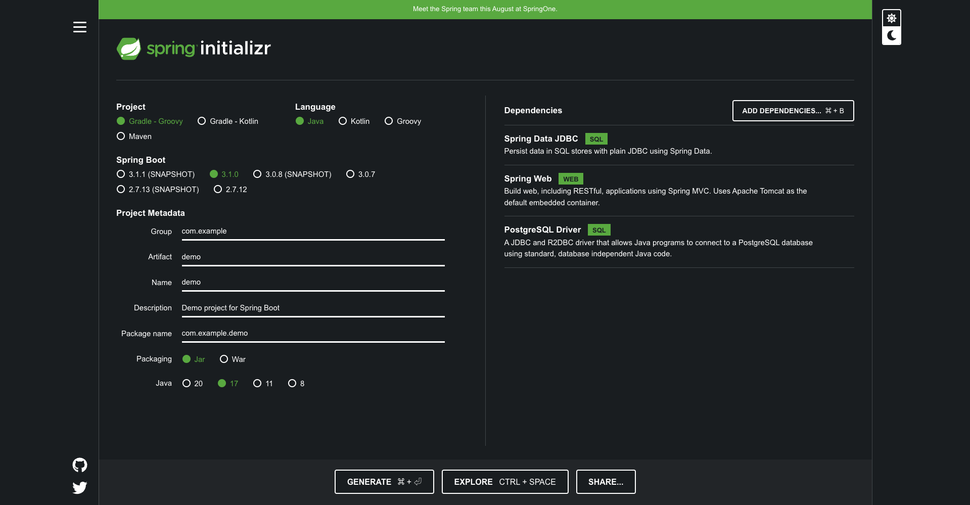 spring bootのプロジェクト作成