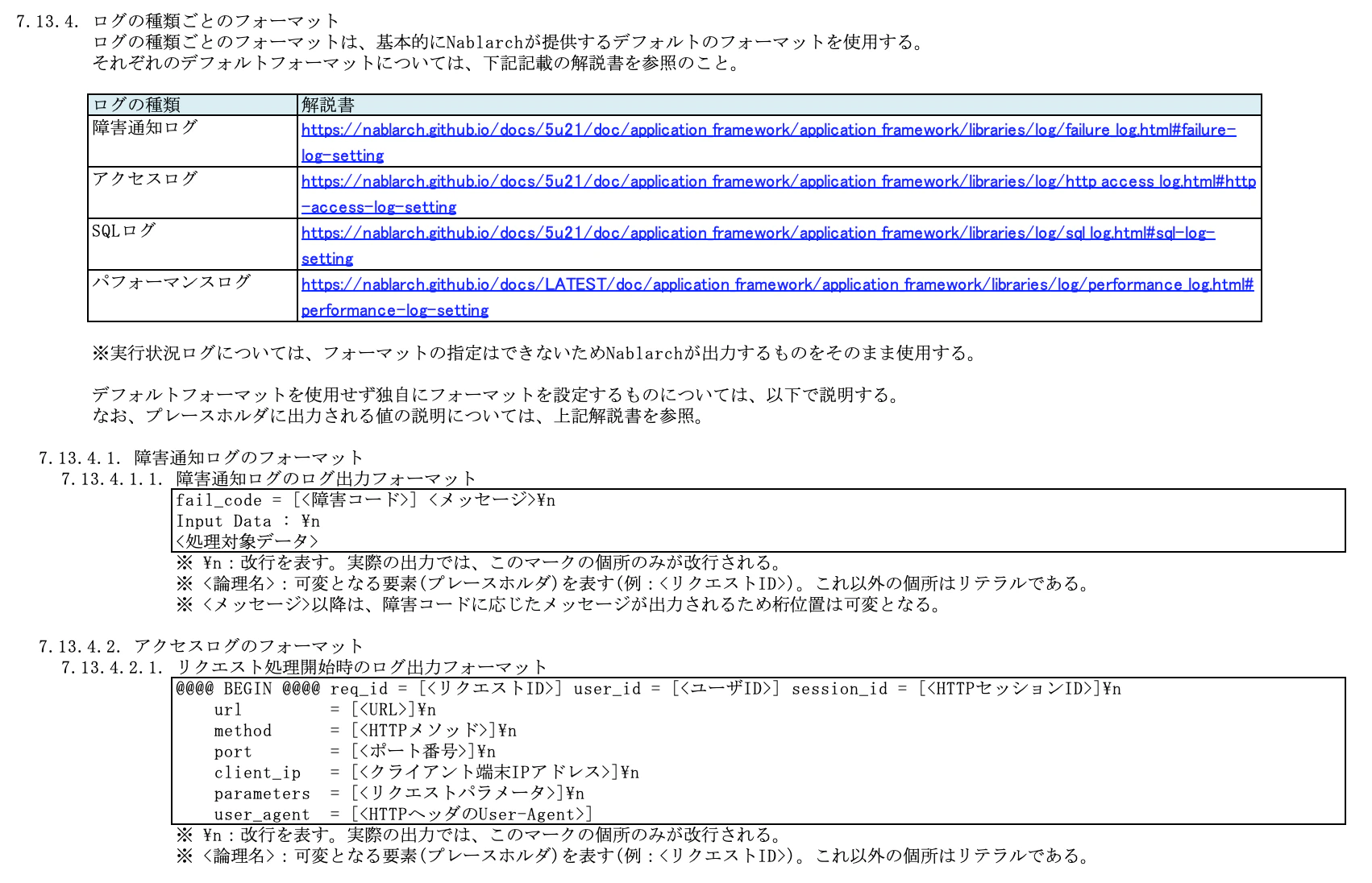 ログの種類ごとのフォーマット(実装上の指定)