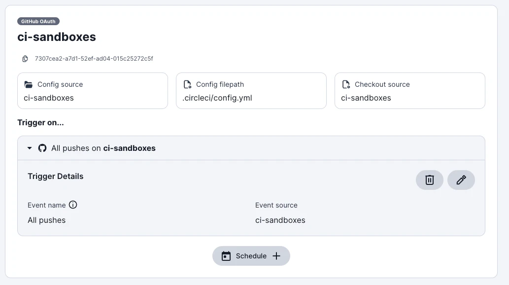Project Setup — OAuth トリガーを展開した状態。Trigger Details に Event name と Event source が表示され、右上に削除・編集ボタンがある